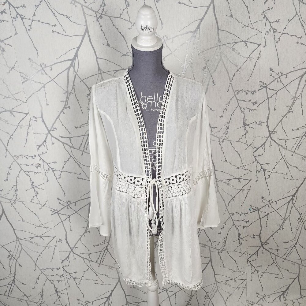 Goa by Japna White Eyelet Tie Front Beach Cover Cardigan